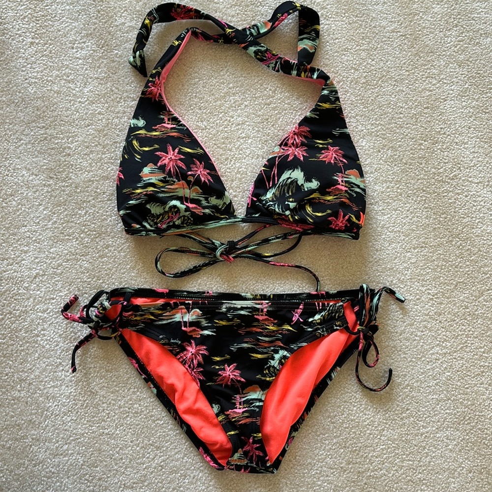 Hurley Black Tropical Print Triangle Bikini with Coral Lining